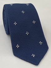 Soft Navy Blue Grenadine Grossa White Flower Design Tie